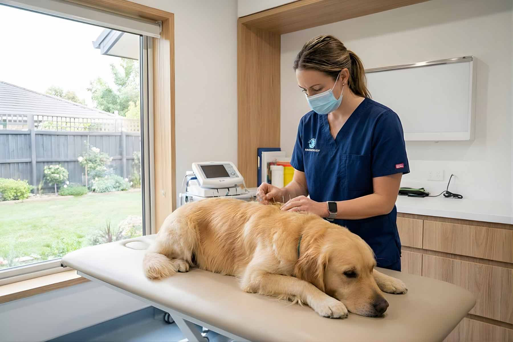 A female veterinarian performing acupuncture on a sick dog at a vet clinic