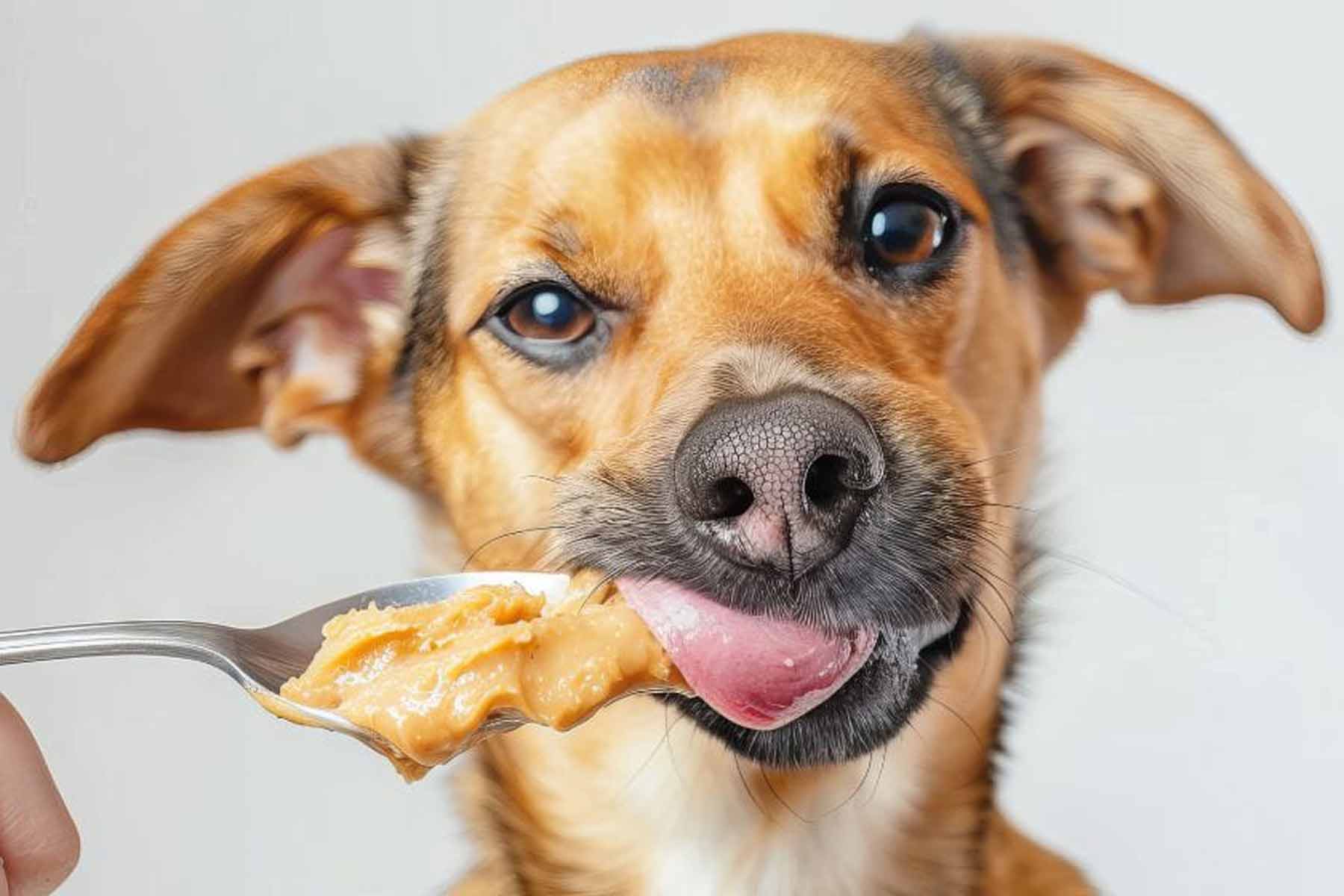 A dog eating peanut butter from a spoon A dog eating peanut butter from a spoon